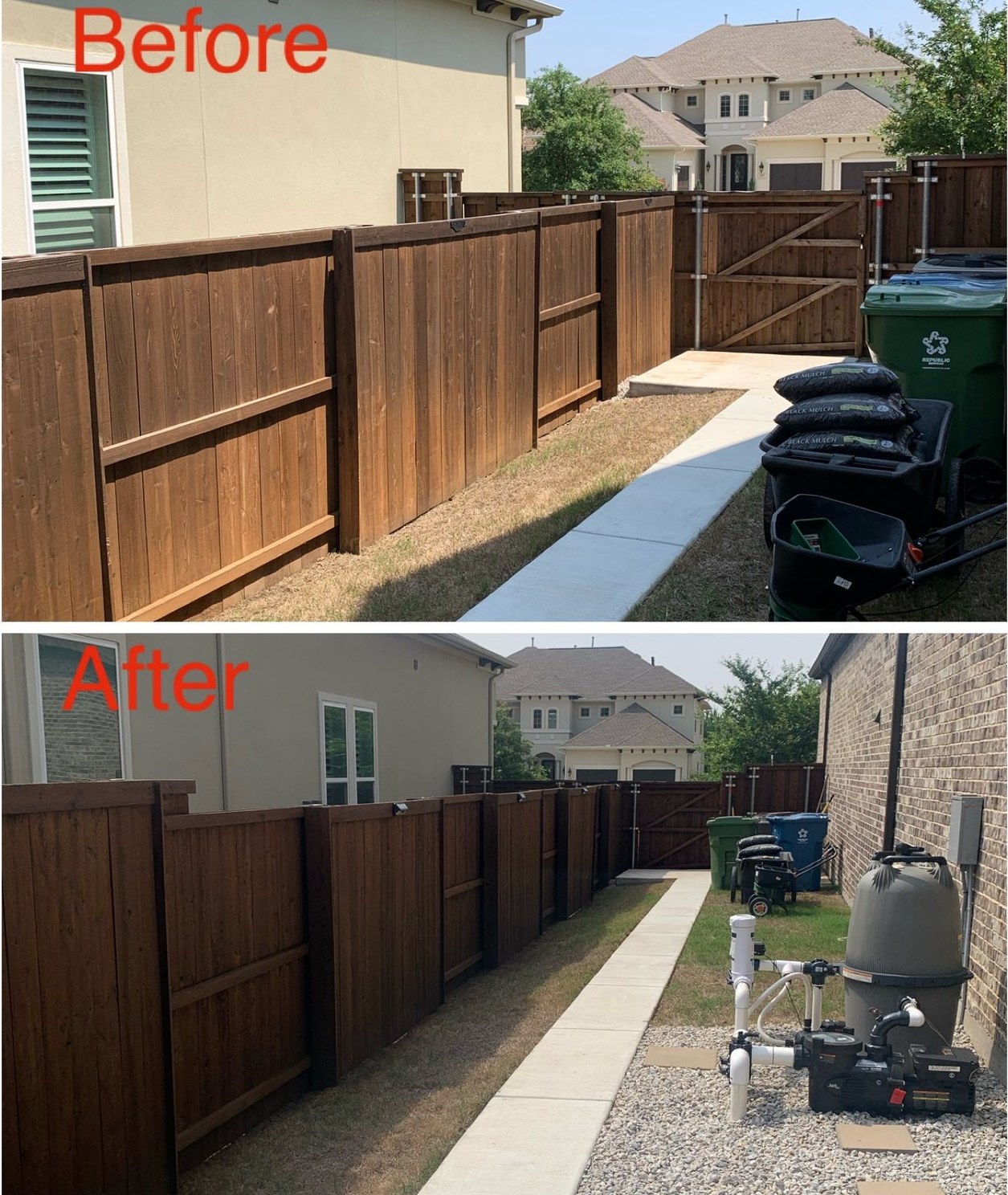 Side yard fence before and after staining